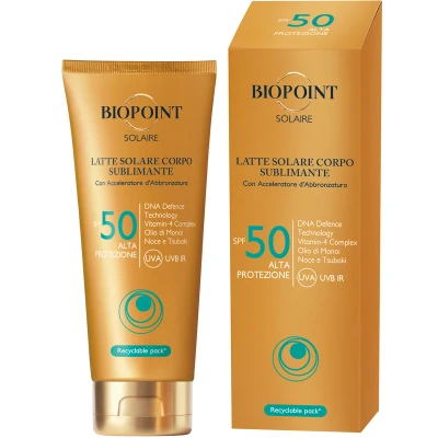 Immagine di Biopoint Solaire Latte Solare Corpo Sublimante SPF 50 con Acceleratore di Abbronzatura, Azione Antiossidante e Idratante, Dona una Pelle Dorata Luminosa, 200 ml