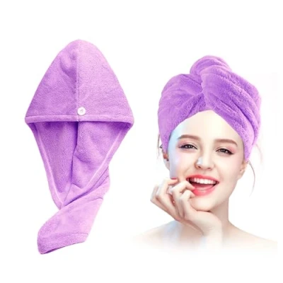 Immagine di Xkzhrr 2 Pezzi Asciugamano Capelli in Microfibra Asciugare Rapidamente i Bagnati senza Crespo, Morbido turbante capelli,turbante asciugacapelli,con Chiusura a Bottone (Viola)