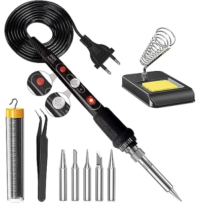 Immagine di Saldatore Kit, 60W Saldatura Kit,Con interruttore ON/OFF,Temperatura Regolabile 200℃〜450℃,Filo per Saldatura,Supporto saldatore,5 Pz Punta,Adatto a Manutenzione Domestica ecc.
