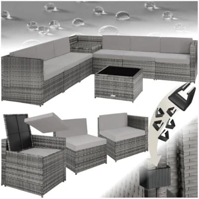 Immagine di TecTake® Set da Conversazioni, Salottino in Rattan, Poltrona Giardino, Sedia Esterno, Tavolo con Piastra di Vetro, Box Contenitore, UV Resistenti, Arredamento Giardino Bello e Versatile Grigio