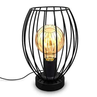 Immagine di B.K.Licht, lampada da comodino con paralume in filo metallico, attacco per lampadina E27 non inclusa, tavolo vintage, altezza 25.6cm, interruttore sul cavo, metallo nero