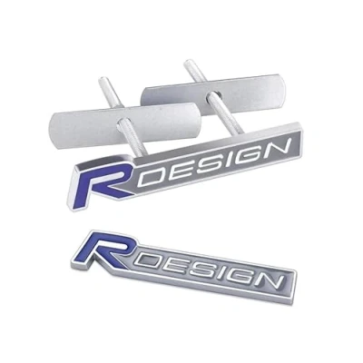 Immagine di 2 pezzi 3D metallo R Design Auto Emblema + piastra anteriore del radiatore Badge Sticker Styling per Volvo S60 V60 XC60 V40 (blu)