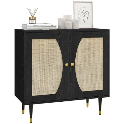 Immagine di HOMCOM Credenza da cucina, mobiletto di immagazzinaggio, design bohemien, a due ante con 2 livelli, facciata in rattan, 80 x 38 79 cm, colore: nero
