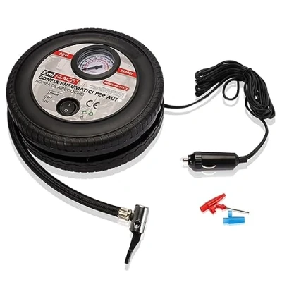 Immagine di A2ZWORLD Mini Compressore Portatile per Auto, gonfia Pneumatici Auto Portatile, 12V Professionale, Pompa Aria con Manometro Analogico, Presa accendisigari, Forma Pneumatica