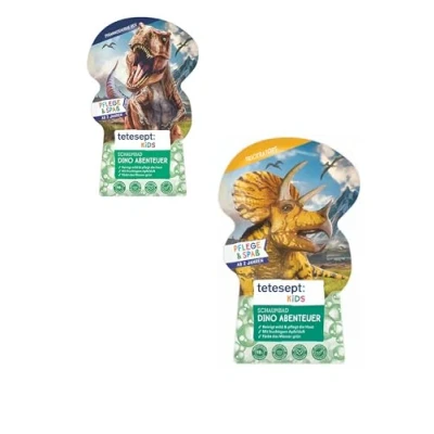 Immagine di tetesept bagno schiuma Dino Adventure con profumo fruttato di mela e aloe vera nutriente, dinostarker T Rex World per bambini, divertimento da acqua verde, 1 x 40 ml