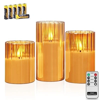 Immagine di Rhytsing 3 Candele di Vetro a Led Oro con Timer in Design Righe Verticali, Telecomando e Batterie Incluse per Natale — H 10 cm / 12,5 15