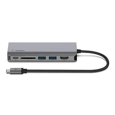 Immagine di Belkin Hub USB C Dock Adattatore Multiporta 6 in 1 con HDMI 4K, Alimentazione Passante PD 100 W, 2 A, Porte Gigabit Ethernet e Slot SD per MacBook Pro, Air, iPad XPS Altri