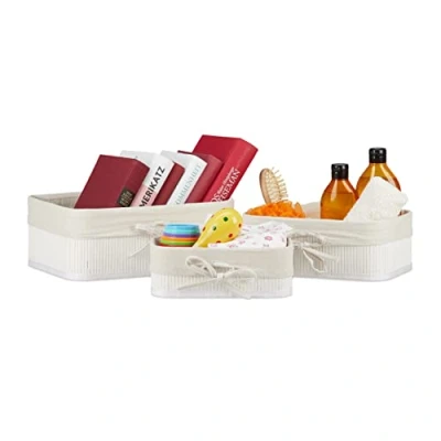 Immagine di Relaxdays Set Cestini Portaoggetti, Contenitori Salvaspazio in bambù per Armadio e Scaffali, Box 3 Misure, Bianco, Poliestere MDF