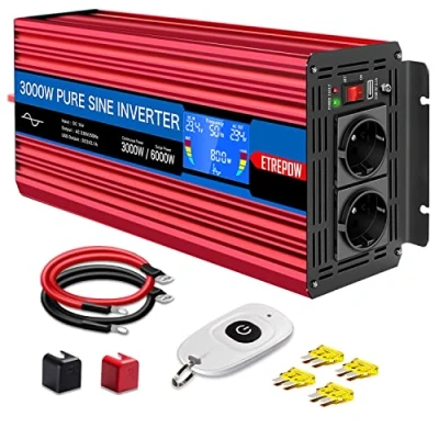 Immagine di ETREPOW Inverter 3000w 24v 220v Onda Sinusoidale Pura Trasformatore con 2 Prese EU e una USB, Telecomando Senza Fili Display LCD Picco 6000w