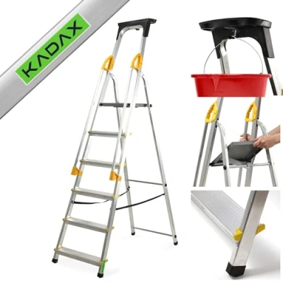 Immagine di KADAX Scala Portatile in Alluminio, Scaletta Pieghevole con Gradini Antiscivolo e Corrimani Laterali, Portata Fino a 150 kg, Certificata EN 131 (6 Gradini)