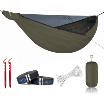 Immagine di Onewind amaca da campeggio con zanzariera, unico regolabile UHMWPE Ridgeline, leggera portatile doppia cinghie per alberi 3.7 m, ideale campeggio, zaino in spalla, verde OD
