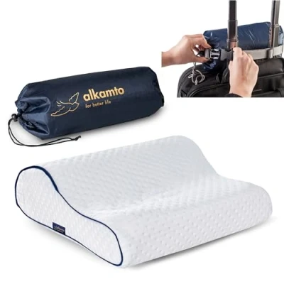 Immagine di alkamto Cuscino da viaggio Supporto ergonomico per il collo campeggio in memory foam con federa termoregolante Borsa impermeabile inclusa
