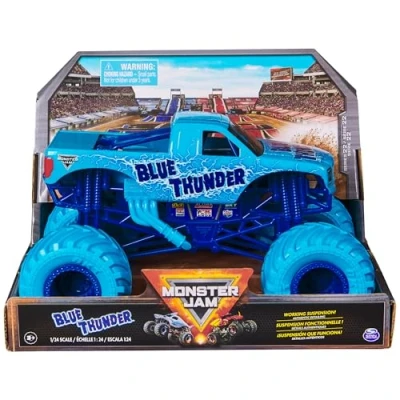Immagine di Monster Jam, Blue Thunder Truck, veicolo pressofuso da collezione, scala 1:24, giocattoli per bambini ragazzi e ragazze dai 3 anni in su