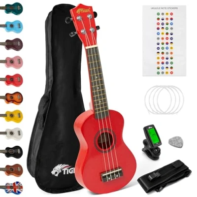 Immagine di TIGER UKEKIT RD Pacchetto Ukulele per principianti, soprano, accordatore, tracolla, adesivi, corde di ricambio e plettro in feltro Rosso