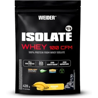 Immagine di Weider Isolate Whey 100CFM (420g) Gusto Banana, 24g Isolato di Proteine del Siero Latte/porzione, Con Enzimi, Senza Zuccheri Aggiunti, 14 porzioni