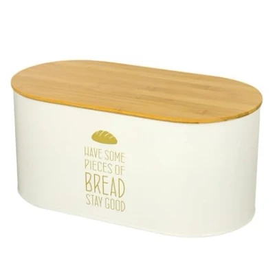 Immagine di Baroni Home Portapane in Metallo con Coperchio Legno Utilizzabile come Tagliere, Accessori da Cucina Metallo, Contenitore Pane e Panini Linea Happy, 34x18x15 cm,