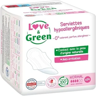 Immagine di Love &amp; Green Assorbemnti ipoallergenici normali, 0% colorante, profumo, allergeni, 14 pezzi