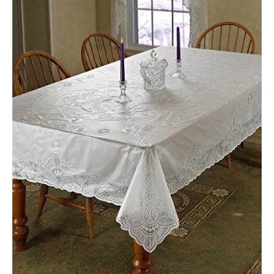 Immagine di Violet Linen Tovaglia rettangolare in lino con pizzo Betenburg, 152,4 x 228,6 cm, colore: bianco