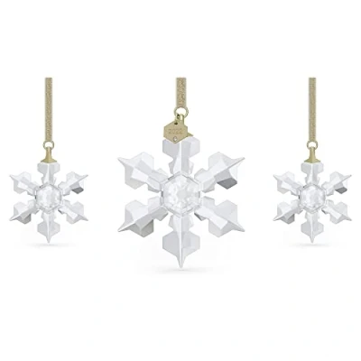 Immagine di Swarovski Annual Edition Set di 3 Decorazioni in Cristallo a Forma Fiocco Neve Diverse Dimensioni, Nastro Color Oro, Bianco