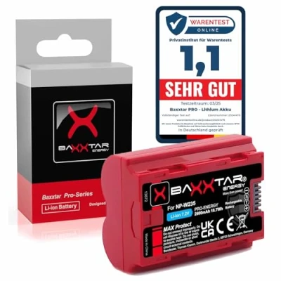 Immagine di Baxxtar batteria NP W235 V1 MaxProtect (2400mAh) con sensore NTC attivo e custodia compatibile Fuji Fujifilm GFX50s II GFX 100S 100 X H2 H2S S20 T4 T5