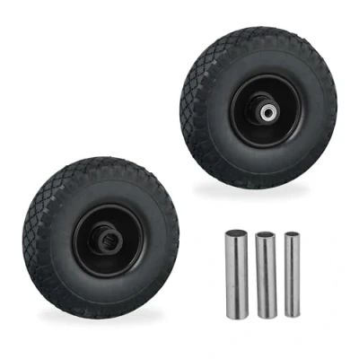 Immagine di Relaxdays Ruota per Carriola 3.00 4, Set 2 Gomme Piene Antiforatura, Cerchi in Acciaio, 3 Adattatori ASSE, Nero, Gomma