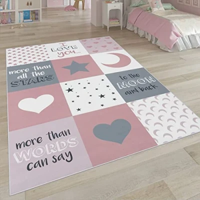 Immagine di Paco Home Tappeto per i Bambini, la Camera dei Bambini con Stelle, Luna e Motivi a Quadri, Dimensione:160x230 cm, Colore:Antracite 2
