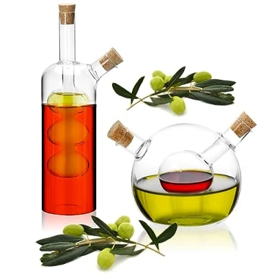 Immagine di Set dispenser olio Robin Goods® 2 pezzi bottiglia aceto e in 1 con tappo sughero contenitore vetro per riempimento bottiglie inserto aperture caraffe