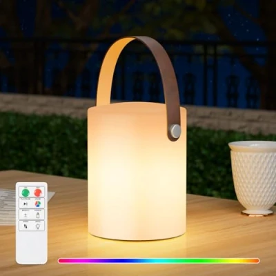 Immagine di lampada da Tavolo senza fili 8 colori dimmerabile luce bianca calda RGB LED telecomando ricaricabile esterni IP54 &amp; interno, per giardino, Hotel, ristoranti, camera letto, USB C cilindrico