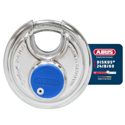 Immagine di ABUS lucchetto diskus 24ib/60 in acciaio inox con protezione a 360 per il fissaggio condizioni climatiche estreme 05633 livello di sicurezza 7 argento/blu