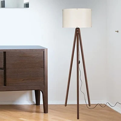 Immagine di Lampada da Terra Altezza 136 cm Piantana a Treppiedi in MDF Stelo con Paralume Cilindrico Tessuto/PVC Noce/Crema