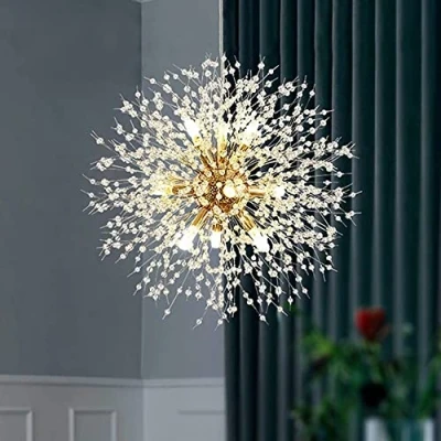 Immagine di lampadario di cristallo in oro 9 luci moderno con dandelion fuoco d&#039;artificio, illuminazione a sospensione per lampadari camera da letto, sala pranzo, corridoio