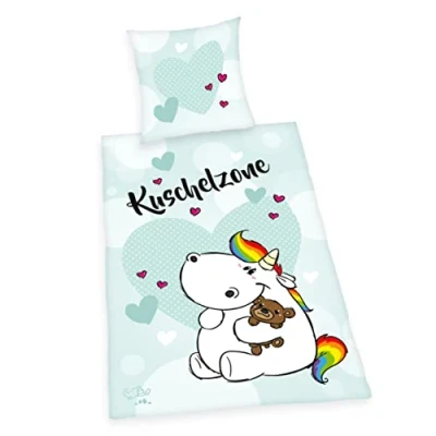 Immagine di Herding Set Biancheria da Letto Pummeleinhorn &quot;Kuschelzone&quot;, Federa 80 x cm, Copripiumino 135 200 Con cerniera scorrevole, 100% Cotone Renforcé, Bianco/Blu