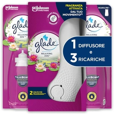 Immagine di Glade Sense &amp; Spray Profumatore per Ambienti con Olii Essenziali e Sensore di Movimento, Fragranza Relaxing Zen, 1 Diffusore 3 Ricariche, 2 Pile AA