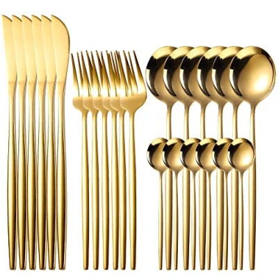Immagine di Set di Posate, 24 Pezzi per 6 Persone, D&#039;oro Posate ​in Acciaio Inossidabile, lucidate a Specchio, Ideali la casa, Cucina, Il Ristorante e Come Regalo, con Confezione