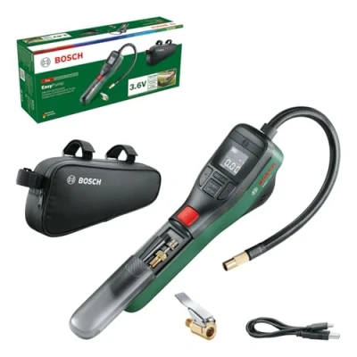 Immagine di Bosch pompa per bicicletta/mini compressore portatile a batteria EasyPump (3,0 Ah; 3,6 V; funzione Autostop; 150 PSI; 10,3 bar; USB C; 3 adattatori; Spina connessione rapida; Borsa bicicletta)