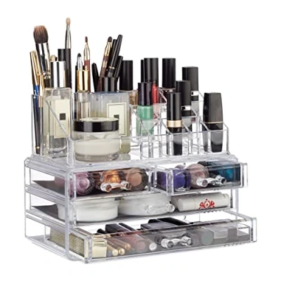 Immagine di Relaxdays Organizer Make up, Contenitore con Porta Rossetti e 4 Cassetti, Acrilico, Beauty Box Salvaspazio, Trasparente, 13.5 x 24 19 cm