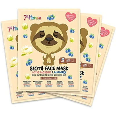 Immagine di 7th Heaven &#039;Sloth Face&#039; Set di 4 maschere viso pigro con fiore loto e mirtillo per lenire nutrire la pelle, ideali tutti i tipi (dagli 8 anni in su, pezzi)