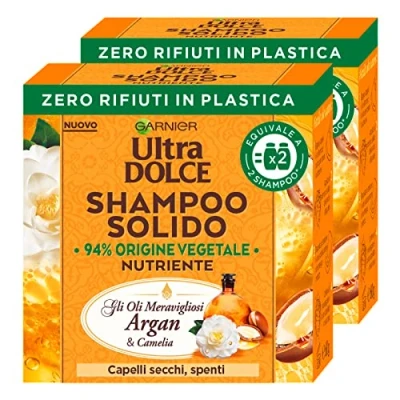 Immagine di 2x Garnier Ultra Dolce Shampoo Solido Nutriente Oli Meravigliosi Argan e Camelia con Ingredienti di Origine Naturale per Capelli Secchi Spenti 2 Solidi da 60g