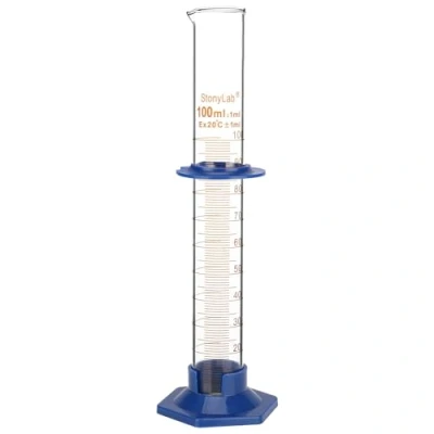 Immagine di stonylab Cilindro graduato, graduato in vetro borosilicato da laboratorio con base esagonale plastica e collare protettivo, 100 ml