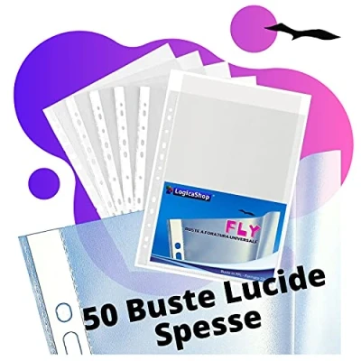Immagine di LogicaShop Fly Buste Forate Trasparenti per Raccoglitori ad Anelli A4, Cartelline Plastica (Lucide, 50 Pezzi)