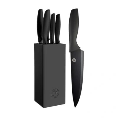 Immagine di MasterChef Set Coltelli da Cucina con Ceppo Universale, Portacoltelli Lama Affilato per Pane, Carne, Verdure e altro, Acciaio Inox, Prova di Calore, Manici Neri, 5 Pezzi, Nero