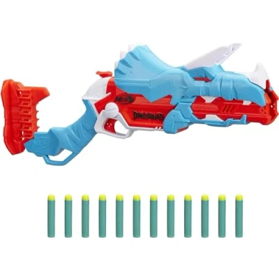 Immagine di Nerf Hasbro DinoSquad Tricera Blast, Blaster con alloggiamento per Caricamento di 3, 12, Supporto dardi e Design Dinosauro Triceratopo, Multicolore, 6.4 x 54.6 24.1 cm, F0803EU4