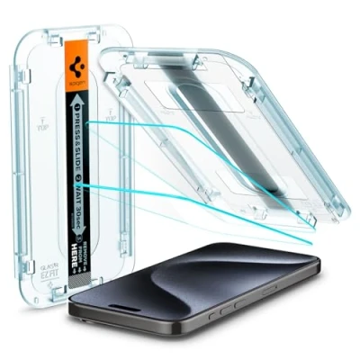 Immagine di Spigen Glas.tR EZ Fit Vetro Temperato compatibile con iPhone 15 Pro, 2 Pezzi, Installazione Facile, Cristallino, Durezza 9H Pellicola prottetiva