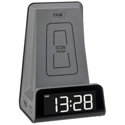 Immagine di TFA Dostmann ICONcharge, 60.2033, sveglia digitale con stazione di ricarica a induzione, supporto per videochiamate, funzione snooze, USB, cifre luminose, antracite