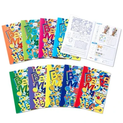 Immagine di BM BeMore KIDS Maxi quaderni in formato A4 Rigatura A, righe con margini per 1 e 2 elementare Set da 10 pezzi copertine colorate 4 pagine di giochi Carta 100g