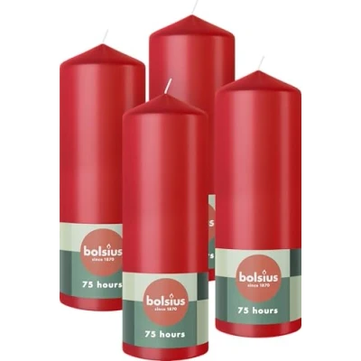 Immagine di Bolsius candele a pilastro, colore rosso, confezione da 4, 20 x 7 cm, decorative per la casa, durata di 75 ore, non profumate, include cera vegana naturale, senza olio palma