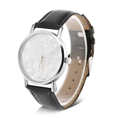 Immagine di DAUERHAFT orologio analogico femminile, al quarzo da donna alla moda ed elegante, con cinturino in finta pelle, quadrante a forma di farfalla, polso femminile(Nero)