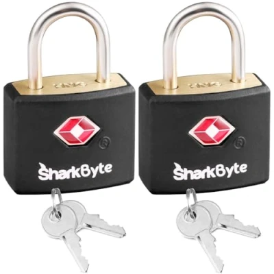 Immagine di SharkByte Serratura per bagagli approvata TSA con chiavi, confezione da 2, lucchetti viaggio chiave, lucchetto valigie, serrature a chiave piccola, armadietti palestra, borse