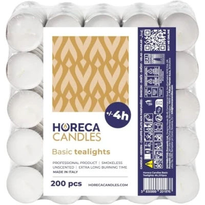 Immagine di Horeca Candles Candele Tealight Bianche Durata 4 Ore di Combustione Set da 200 Candeline Non profumate Lumini per Matrimonio, Decorazione, Gastronomia