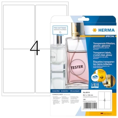 Immagine di HERMA Etichette per Marcatura, 99,1 x 139 mm, Adesive A4 Stampante, 4 Foglio, Trasparente
